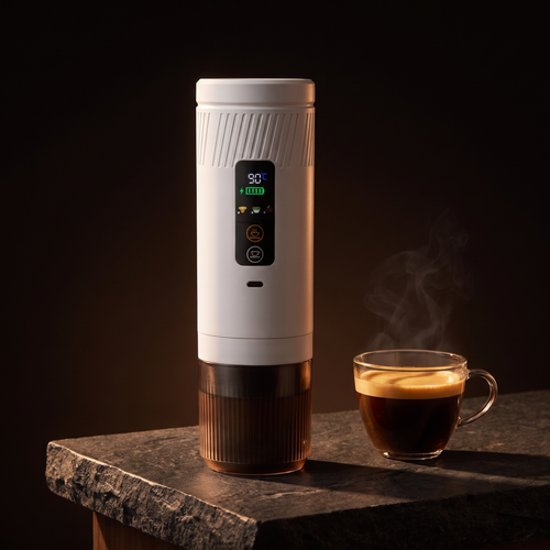 Machine à café portable Kofee & Out sur plan de travail sombre avec espresso fraîchement préparé