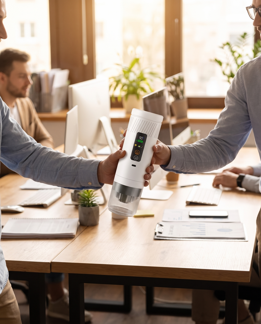 Deux collègues se passent la machine à café portable Kofee & Out au bureau